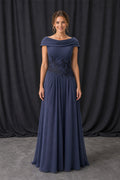 Navy Off-the-Shoulder A-Line Chiffon Floor-Length Dress With Ruched Bodice