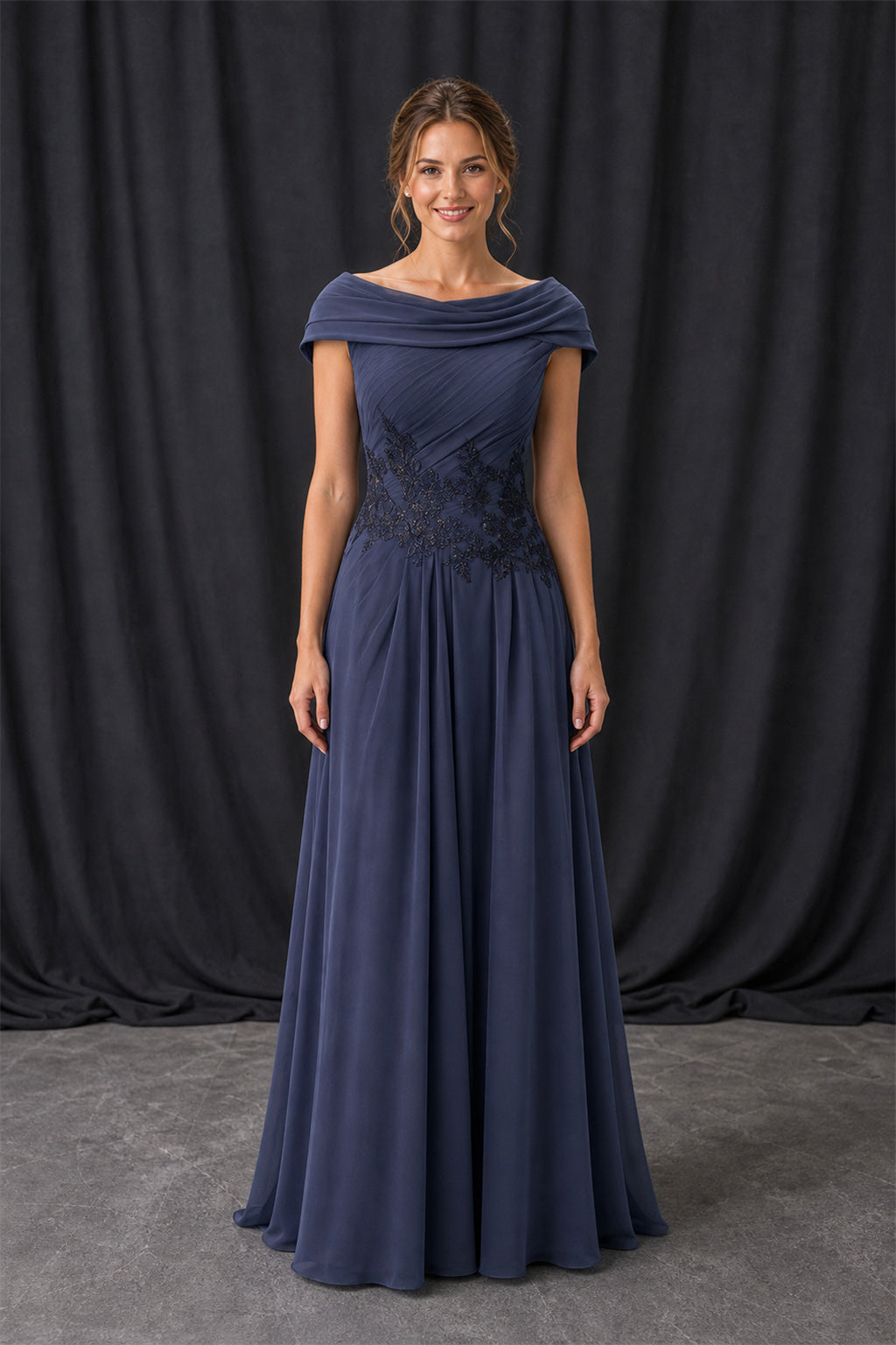 Navy Off-the-Shoulder A-Line Chiffon Floor-Length Dress With Ruched Bodice