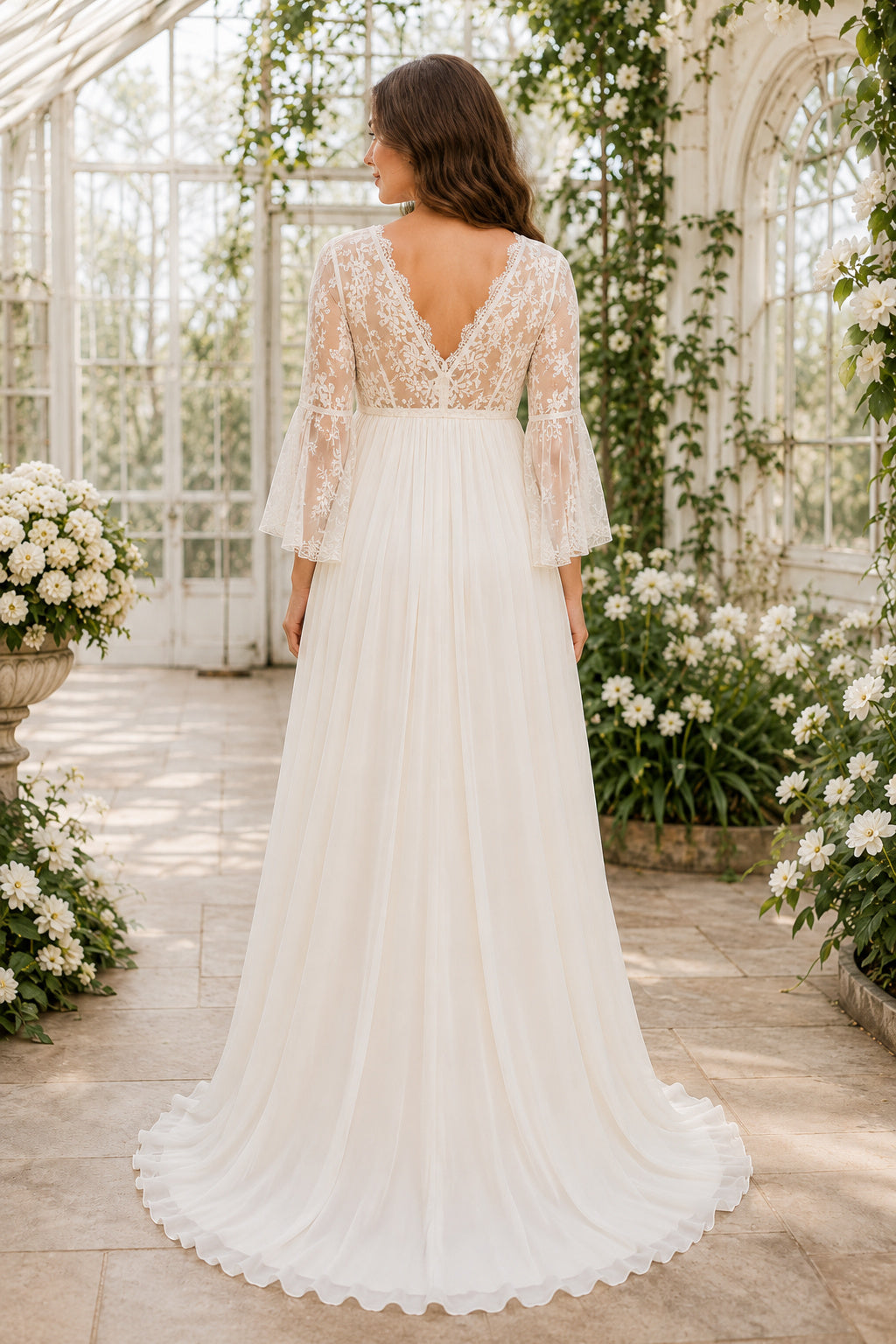 Ivory Long Sleeve Lace Maternity Wedding Dress with V-Neck and Tulle Skirt back view