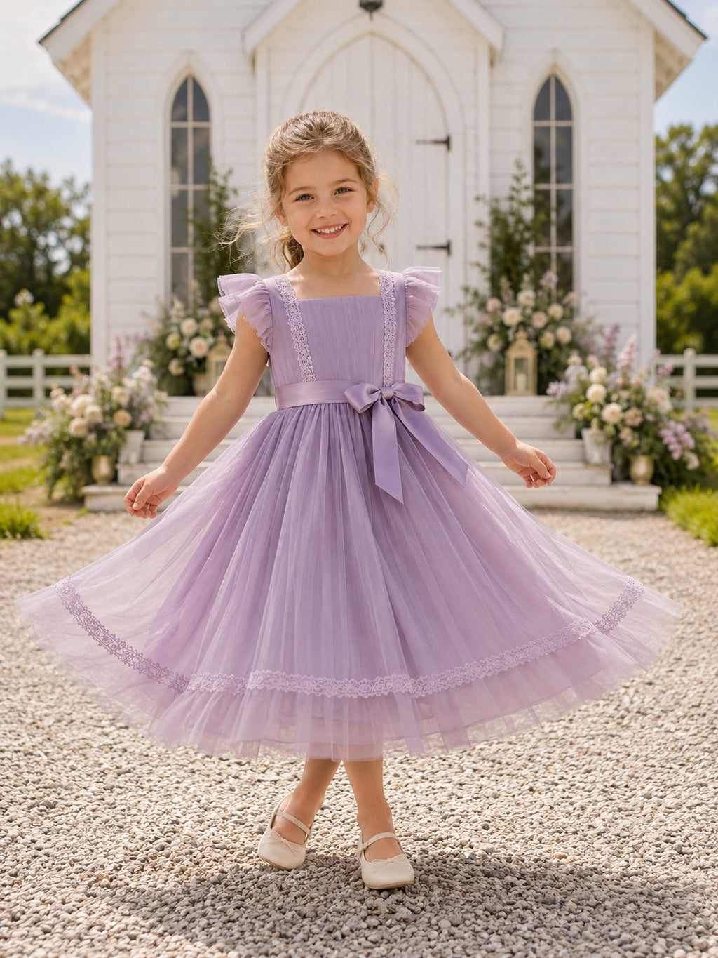 Lavender Flutter Sleeve Tulle Bow Flower Girl Garden Tea-Length Princess Dress front view