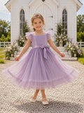 Lavender Flutter Sleeve Tulle Bow Flower Girl Garden Tea-Length Princess Dress front view