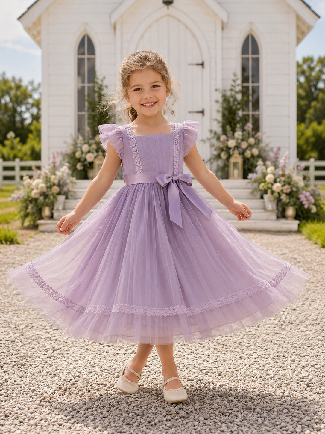 Lavender Flutter Sleeve Tulle Bow Flower Girl Garden Tea-Length Princess Dress front view