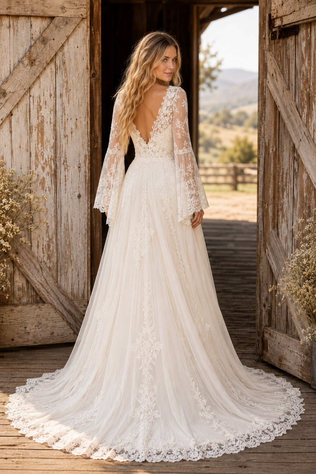 Long Sleeve Lace A-Line Wedding Dress with Plunging V-Neck and Chapel Style Train back view
