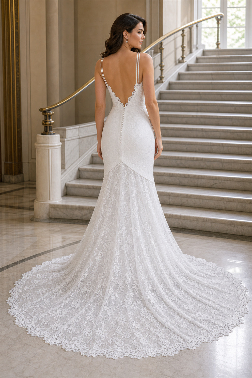 White Sweetheart Mermaid Satin, Lace Floor-length Wedding Dress With Lace and Train and Open Back