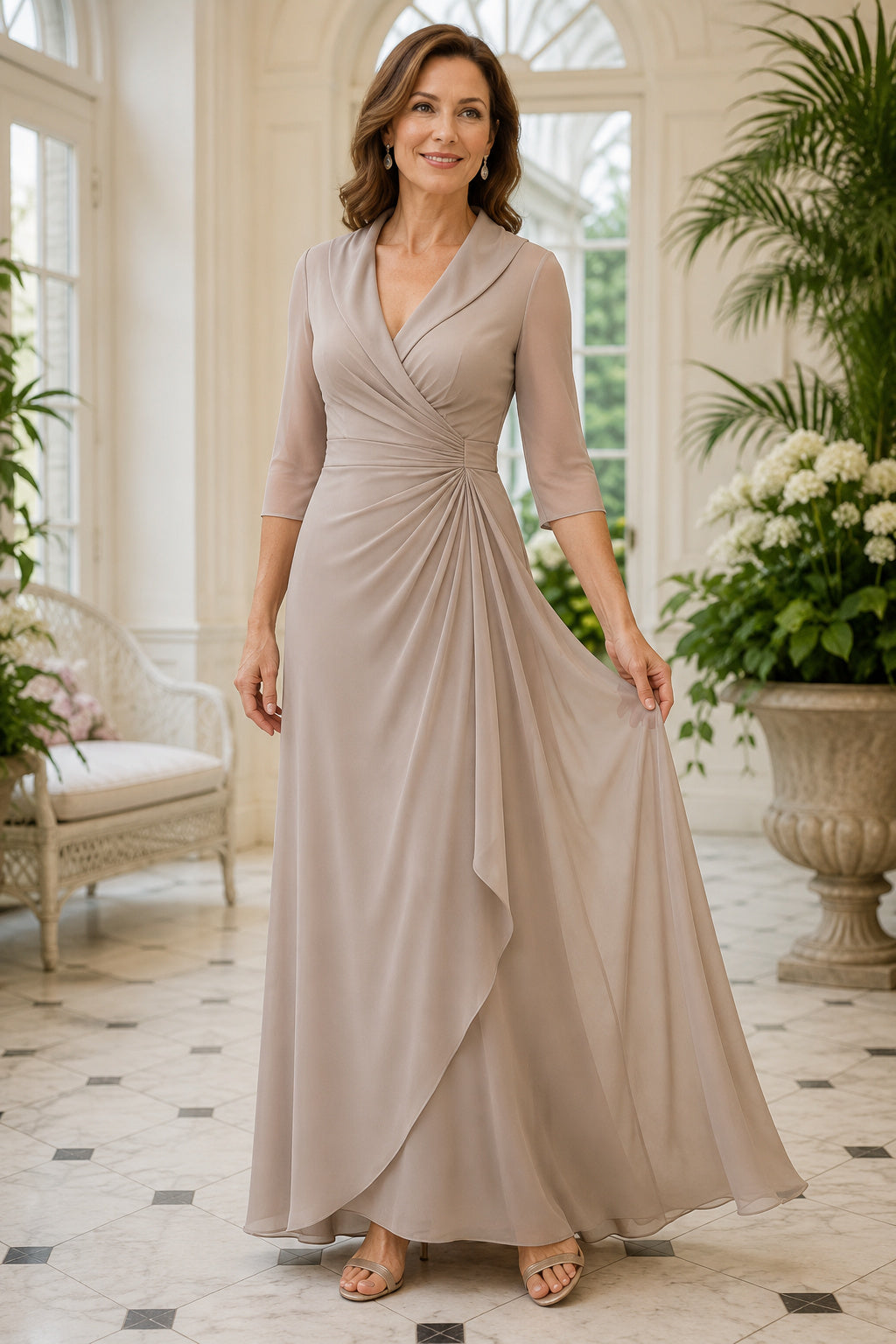 Taupe V-Neck A-Line Mother Dress with Illusion Sleeves and Draped Chiffon Skirt front view