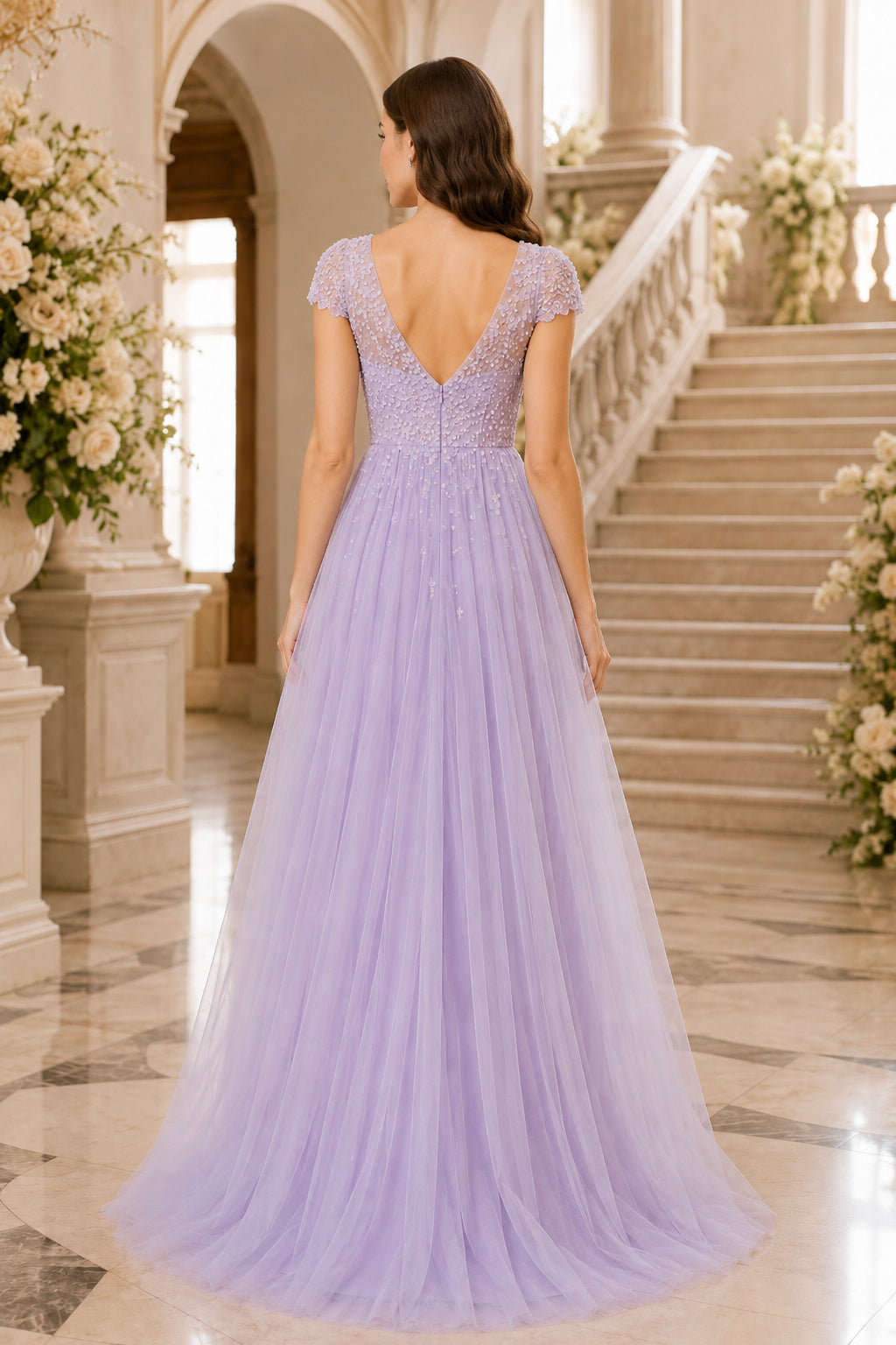 Lavender V-Neck A-Line Formal Dress with Cap Sleeves and Tulle Skirt back view