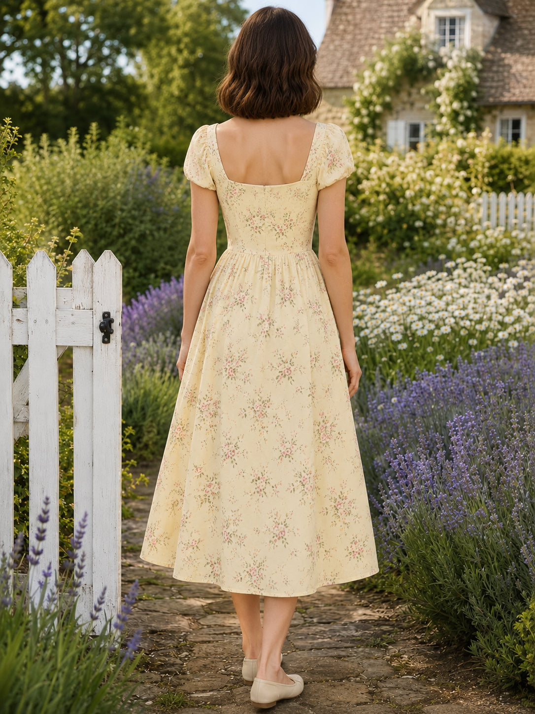 Pale Yellow Cottagecore Floral Square Neck Midi Dress back view