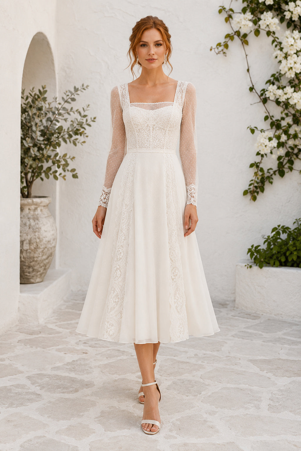 Ivory Square Strap Detachable Lace Sleeve Satin Lace Tea-Length Wedding Dress with Sheer Lace Sleeves and Satin Skirt front v