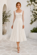 Ivory Square Strap Detachable Lace Sleeve Satin Lace Tea-Length Wedding Dress with Sheer Lace Sleeves and Satin Skirt front v