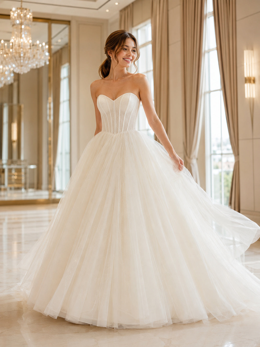 Petite Strapless Tulle Princess Ball Gown Wedding Dress front view