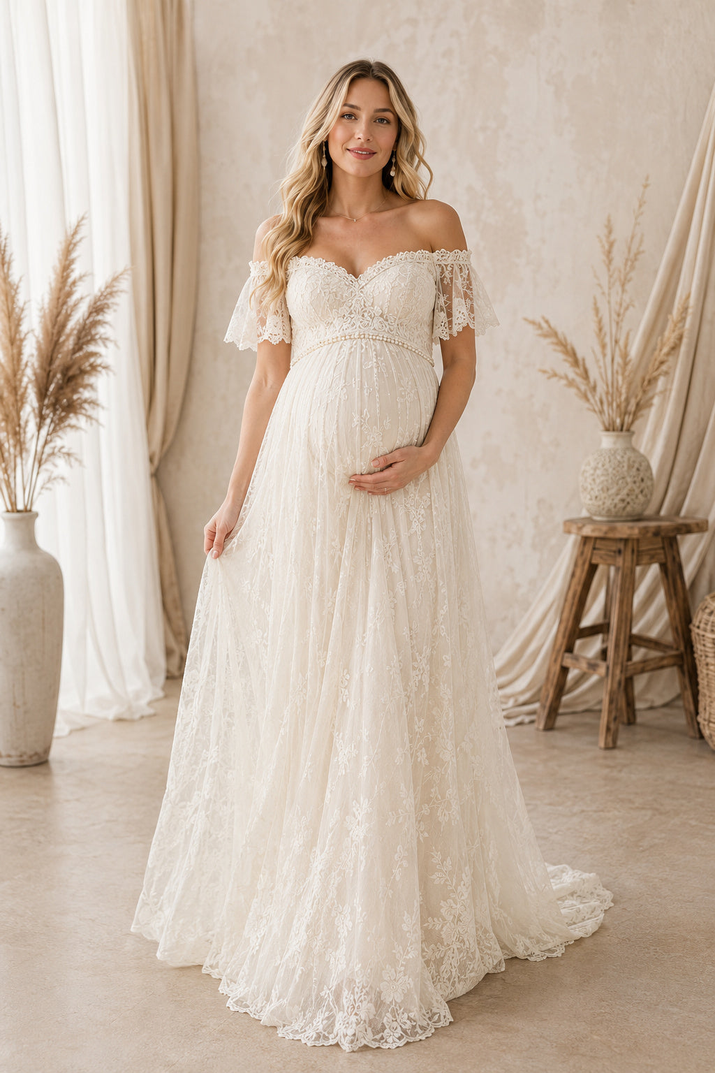 Ivory Maternity Off-the-Shoulder Lace A-Line Wedding Dress with Short Sleeves front view