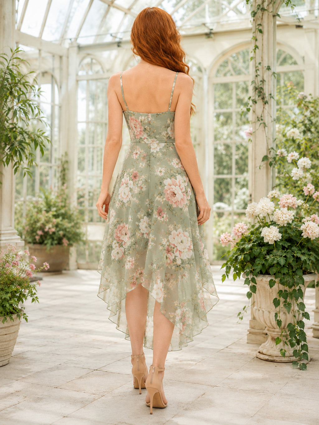 Sage Floral Spaghetti Strap Asymmetric Garden Guest Dress back view