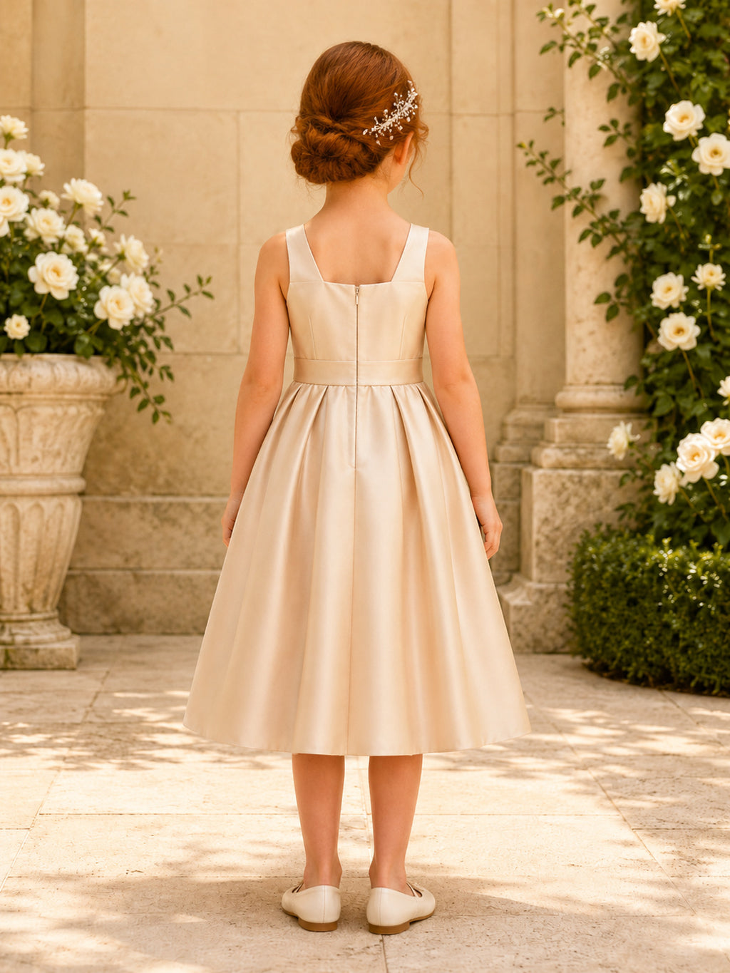 Simple A-Line Flower Girl Dress with Square Neck Sleeveless Champagne Satin Tea Length Reception back view