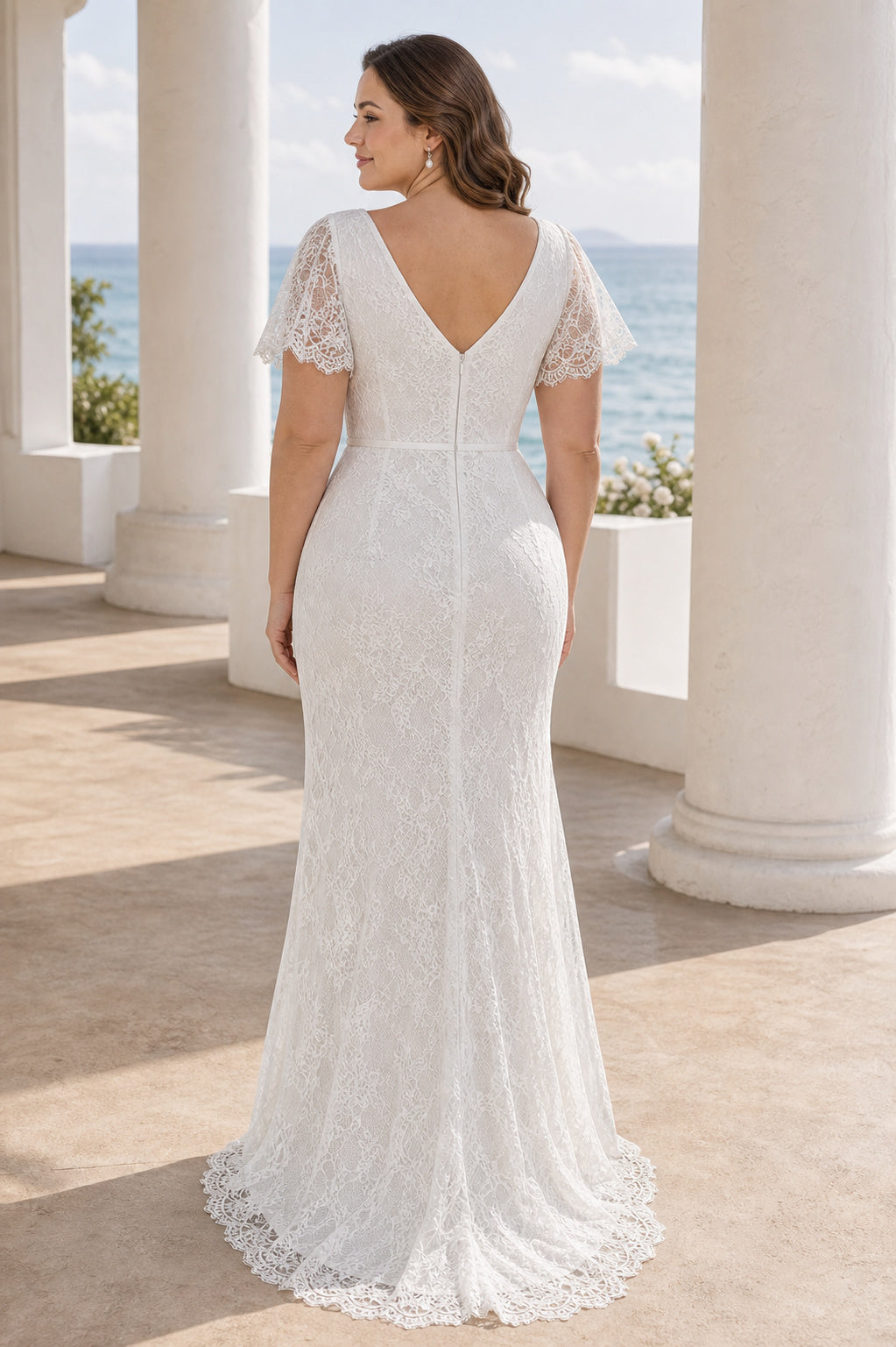 White Off-the-shoulder Flutter Sleeves Mermaid Crepe, Lace Floor-length Wedding Dress With Lace and Layered Skirt and Open Back
