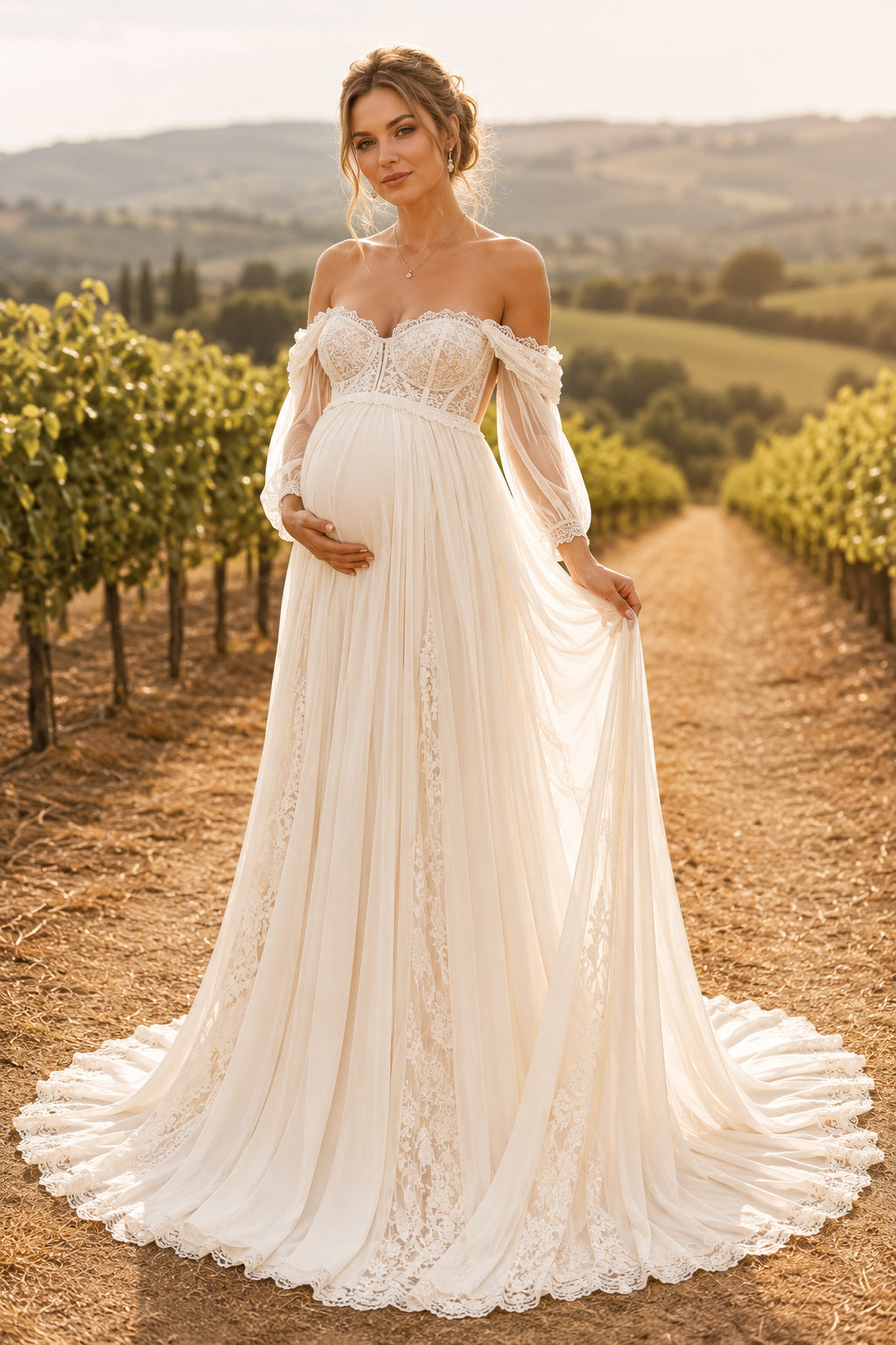 Ivory Off-the-Shoulder Lace Maternity Wedding Dress with Chapel Train front view