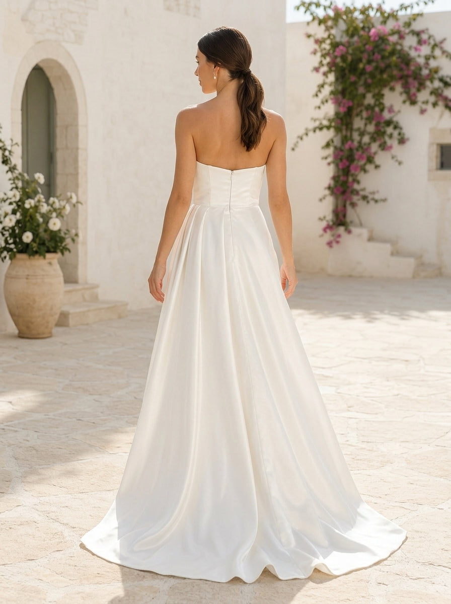 White Strapless Draped Bridal Jumpsuit with Side Train back view