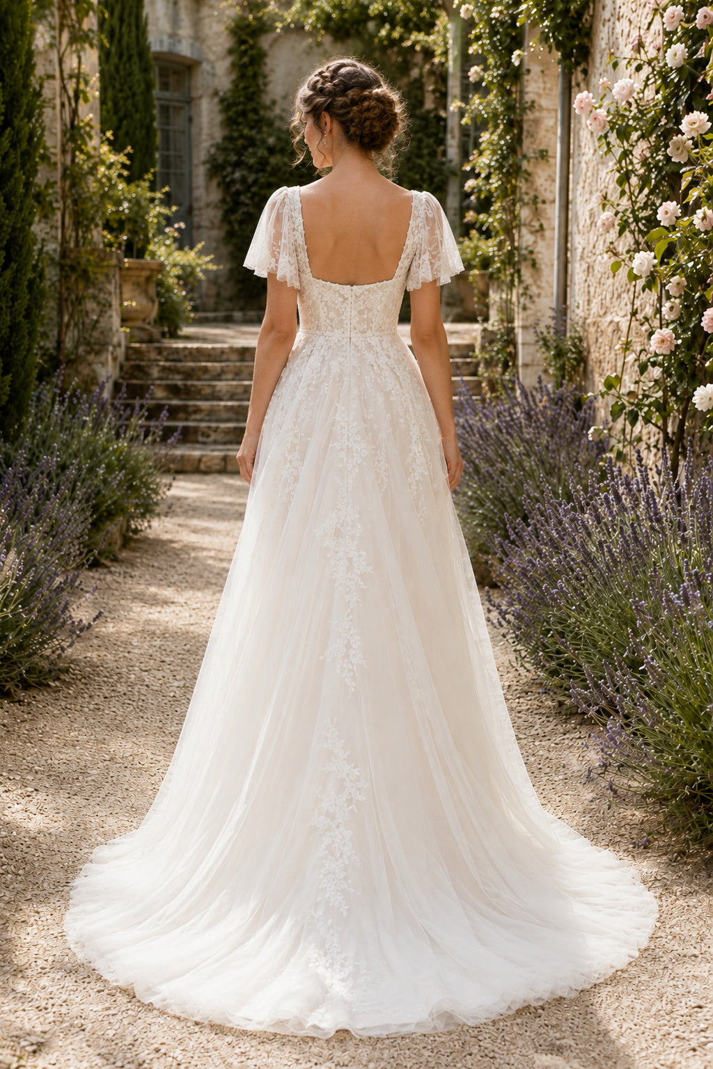 Ivory Square Neck Short Sleeve Lace A-Line Wedding Dress with Soft Tulle Train back view
