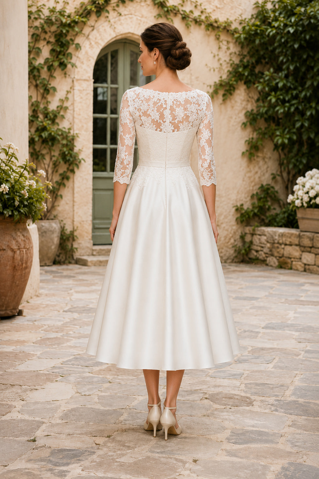 Ivory Illusion Bateau Neck Three-Quarter Sleeve Satin Lace Tea-Length Wedding Dress with Three-Quarter Lace Sleeves and Satin