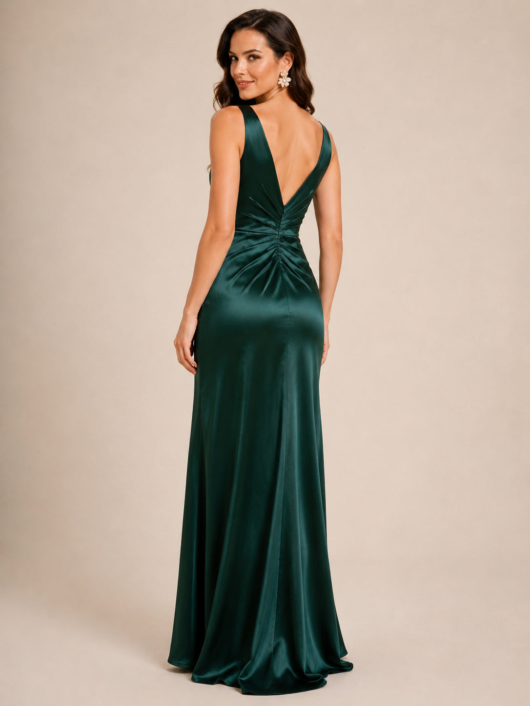 Emerald satin V-neck ruched sheath floor length formal dress back view