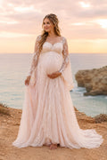 Blushing Pink Long Sleeve Lace Maternity Wedding Dress with Soft Train front view