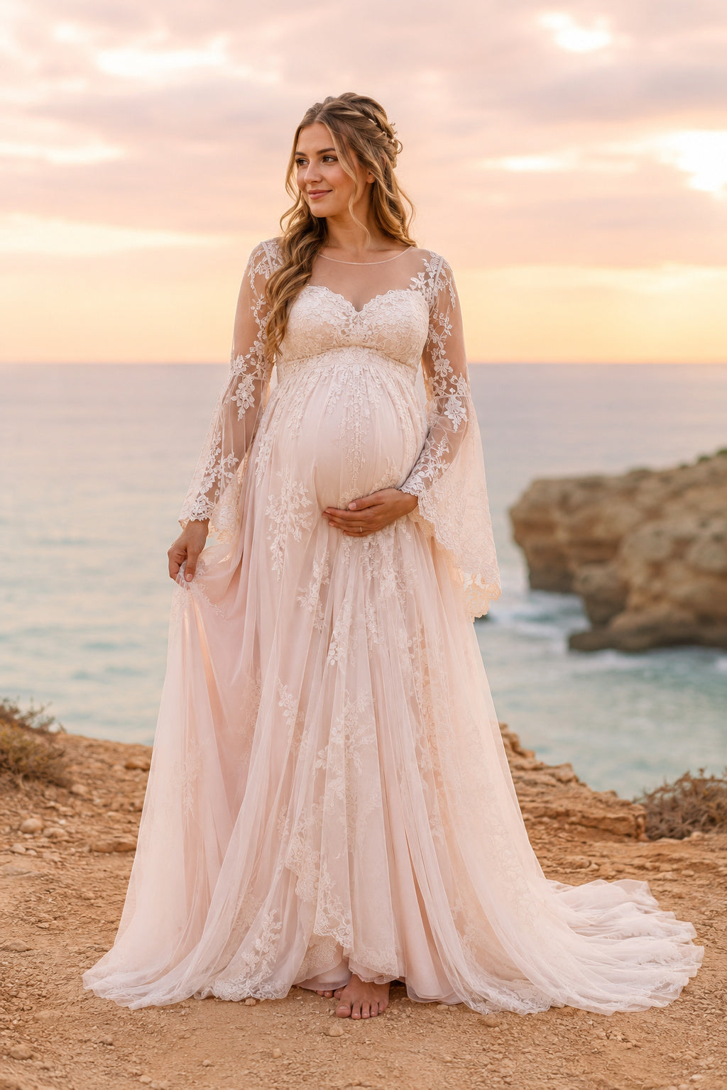 Blushing Pink Long Sleeve Lace Maternity Wedding Dress with Soft Train front view