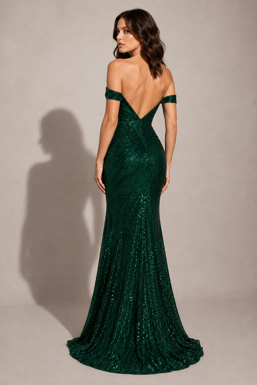 Dark Green Off-the-Shoulder Sequin Mermaid Prom Dress with Slit back view