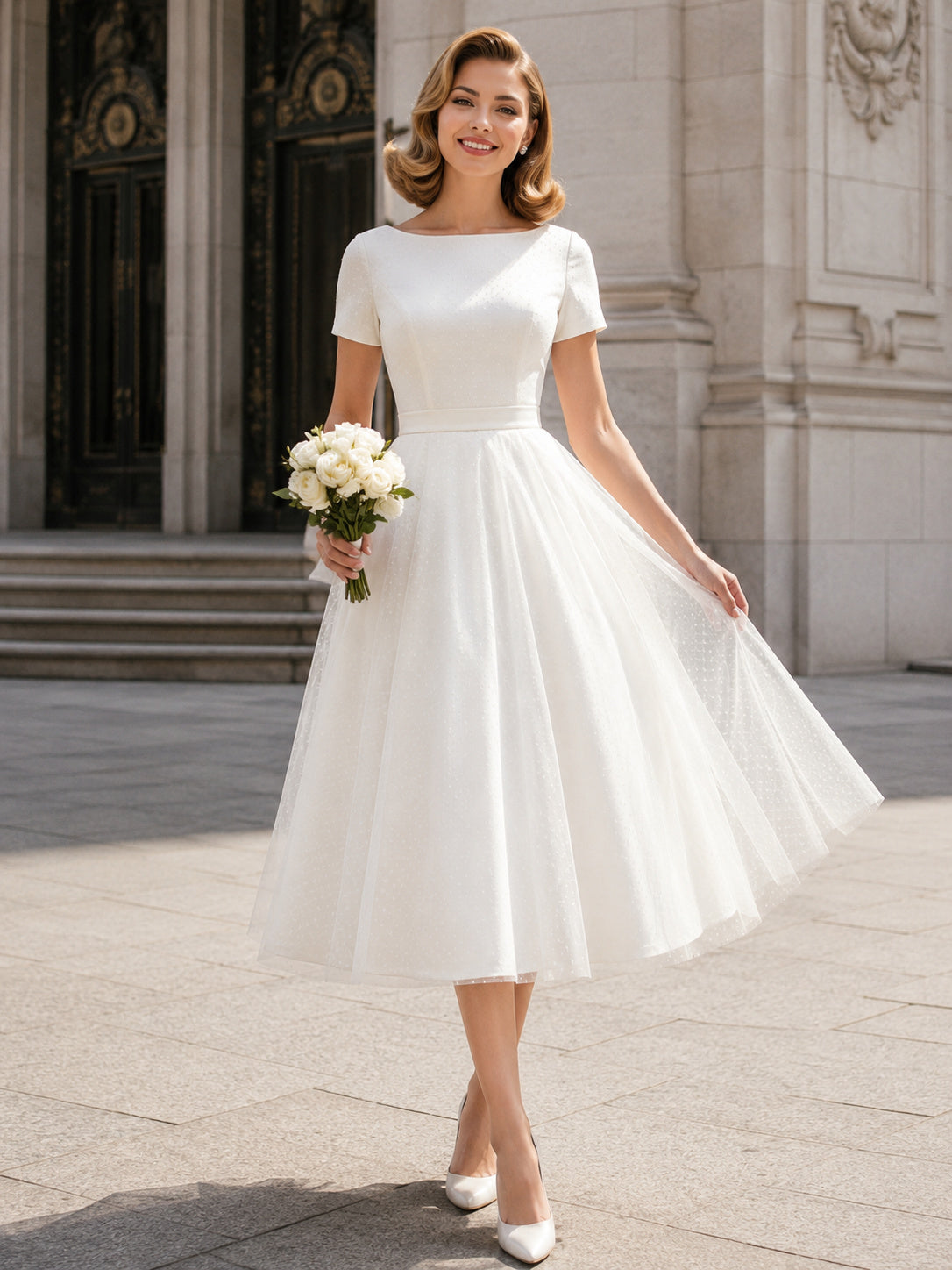 Vintage Courthouse 1950s Short Sleeve A-Line Wedding Dress front view