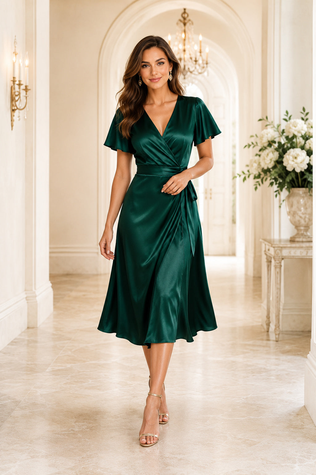 Dark Green Satin Midi Cocktail Sheath Dress front view