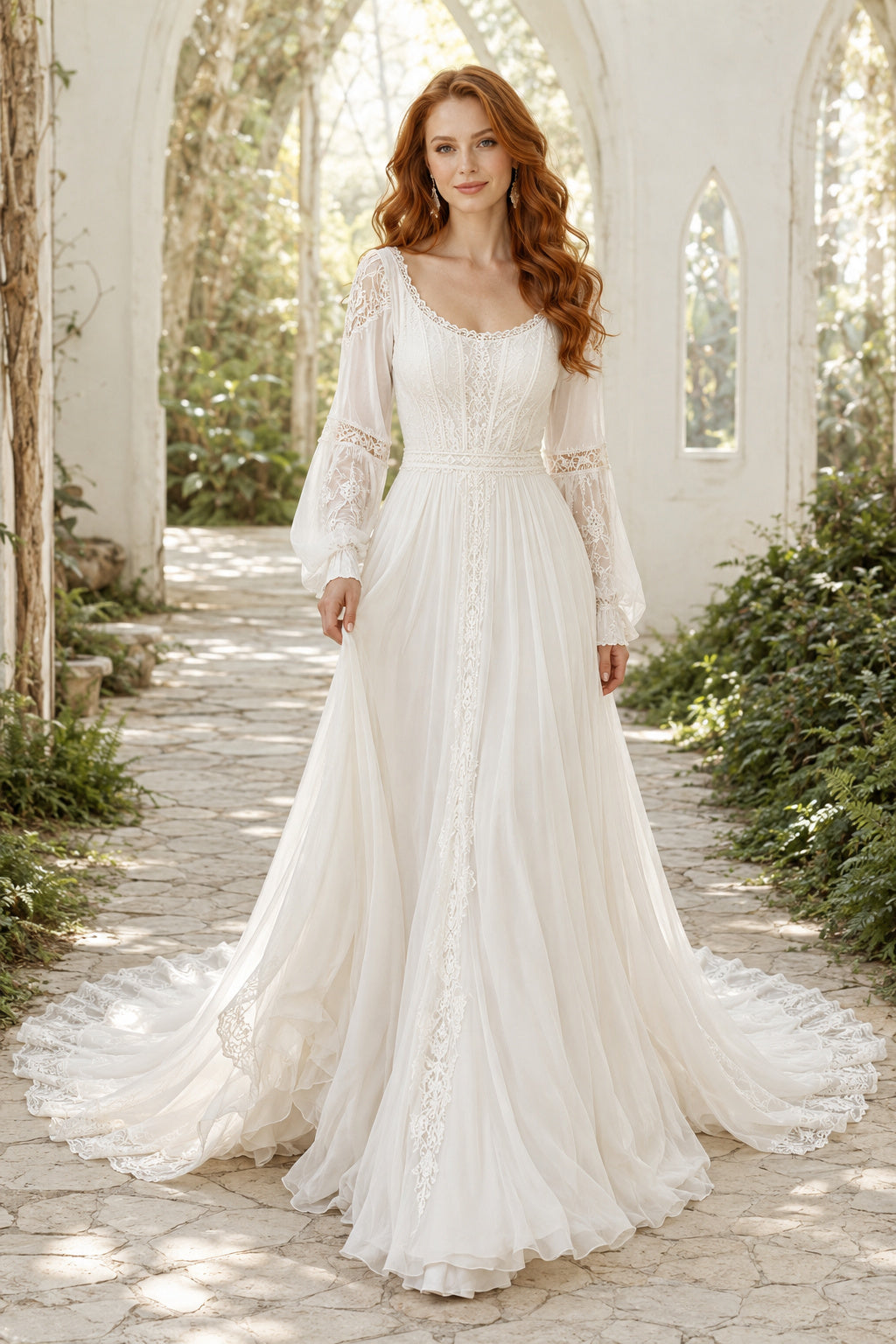 Long Sleeve V-Neck A-Line Wedding Dress with Lace Bodice and Flowing Train for Beach Garden Ceremony front view