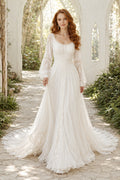 Long Sleeve V-Neck A-Line Wedding Dress with Lace Bodice and Flowing Train for Beach Garden Ceremony front view