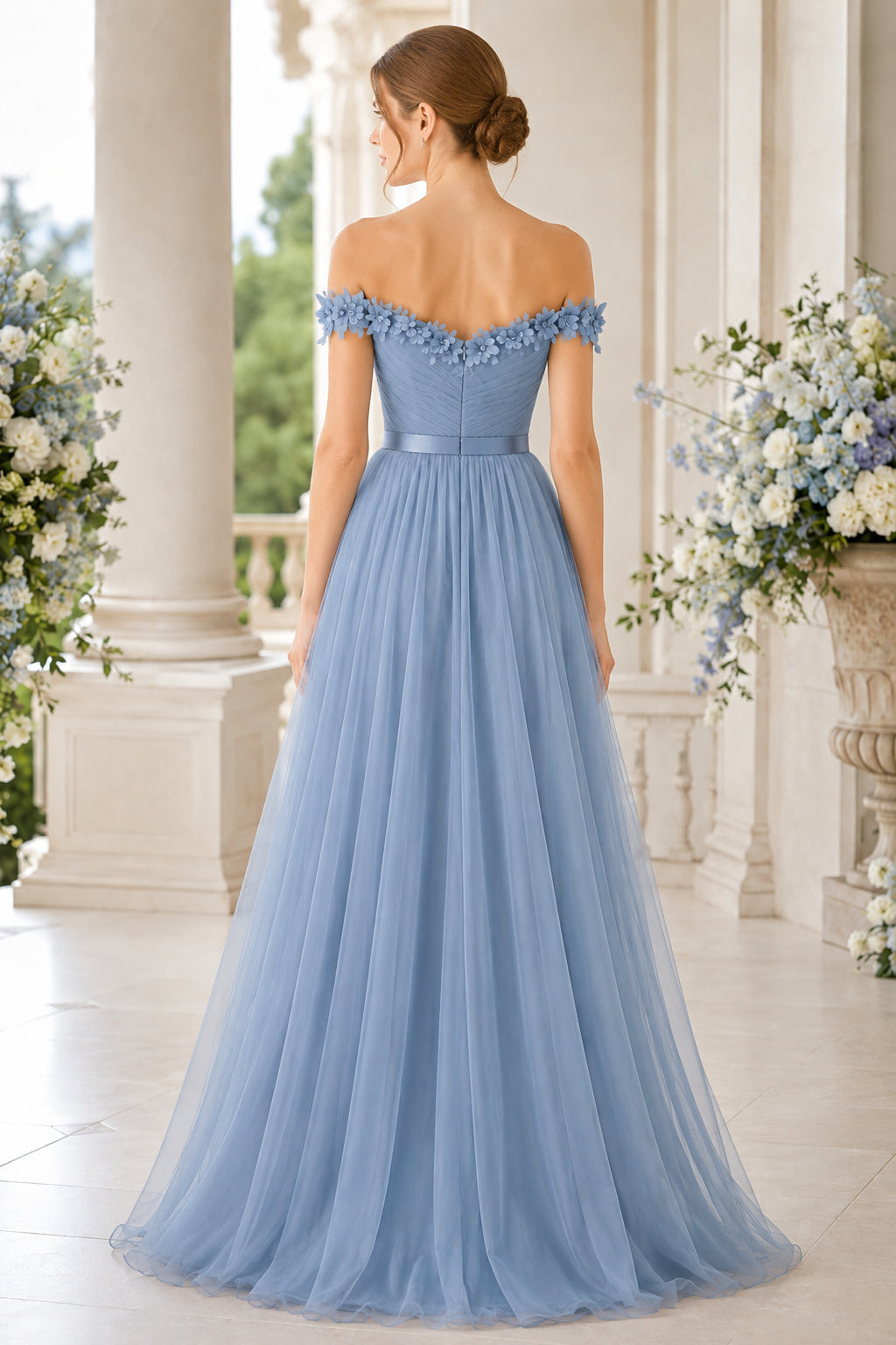 Steel Blue Off Shoulder Lace Bodice with Floor Length Tulle Skirt Floor Length A-Line Bridesmaid Dress back view