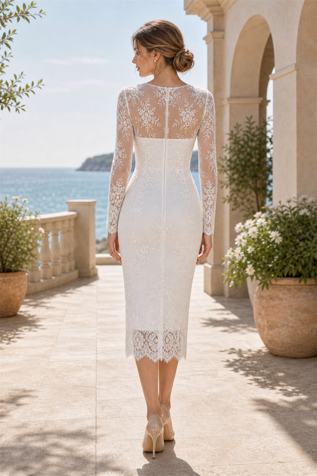 Ivory Illusion Long Sleeves Sheath Lace Knee-length Dress With Lace