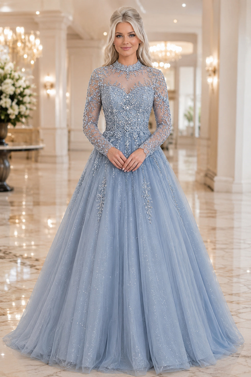 Steel Blue High Neck Long Sleeve Lace Ball Gown with Full Tulle Skirt Floor Length Ball Gown Prom Dress front view