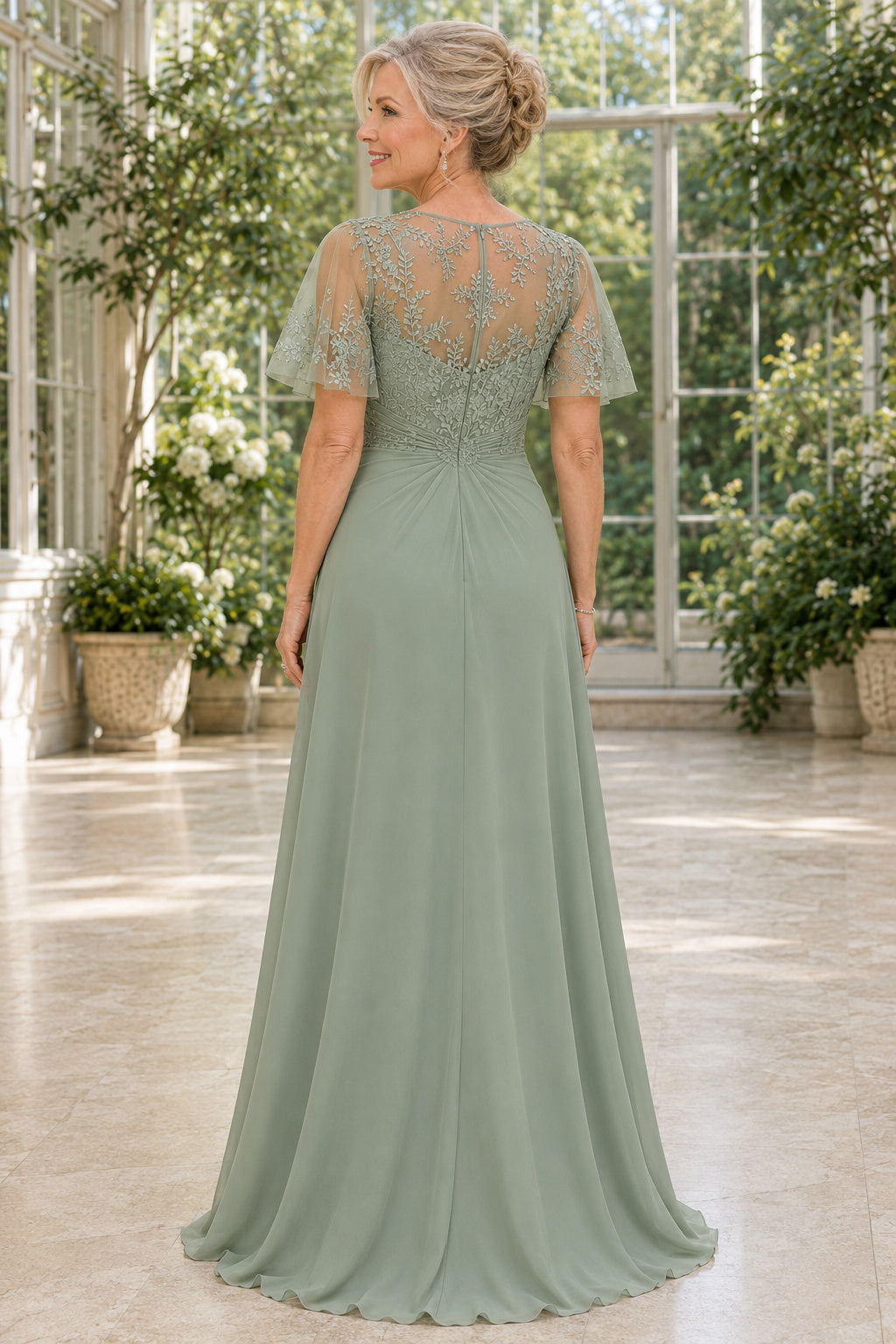 Sage Chiffon A-Line Mother Dress with Lace Cap Sleeves and Draped Skirt back view