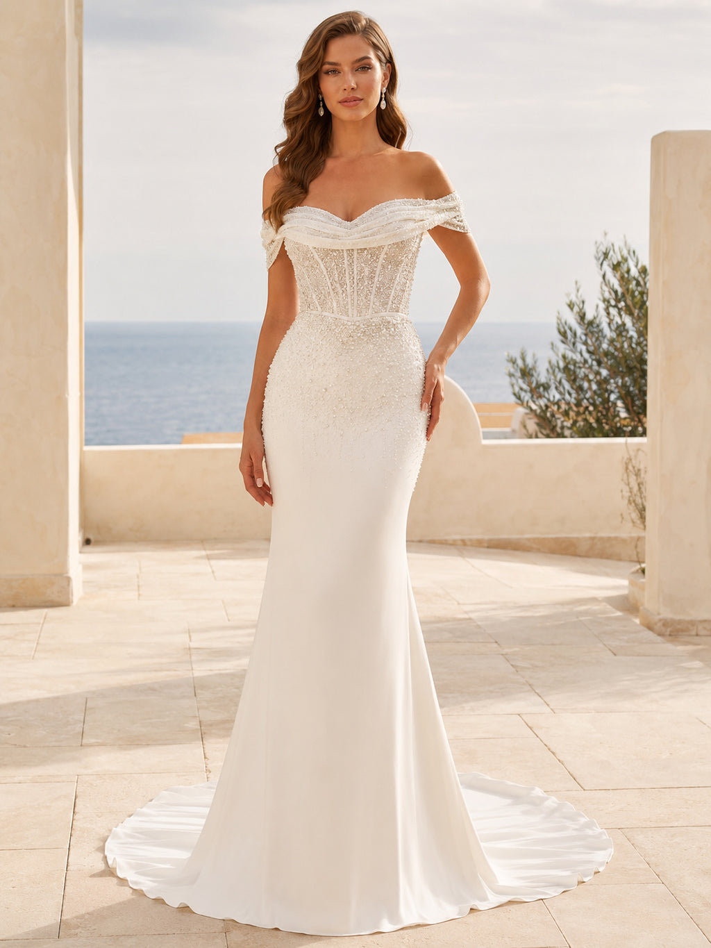 Beach Satin Wedding Dress Mermaid Off Shoulder Floor Length Low V Back Bridal Gown front view