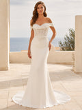 Beach Satin Wedding Dress Mermaid Off Shoulder Floor Length Low V Back Bridal Gown front view