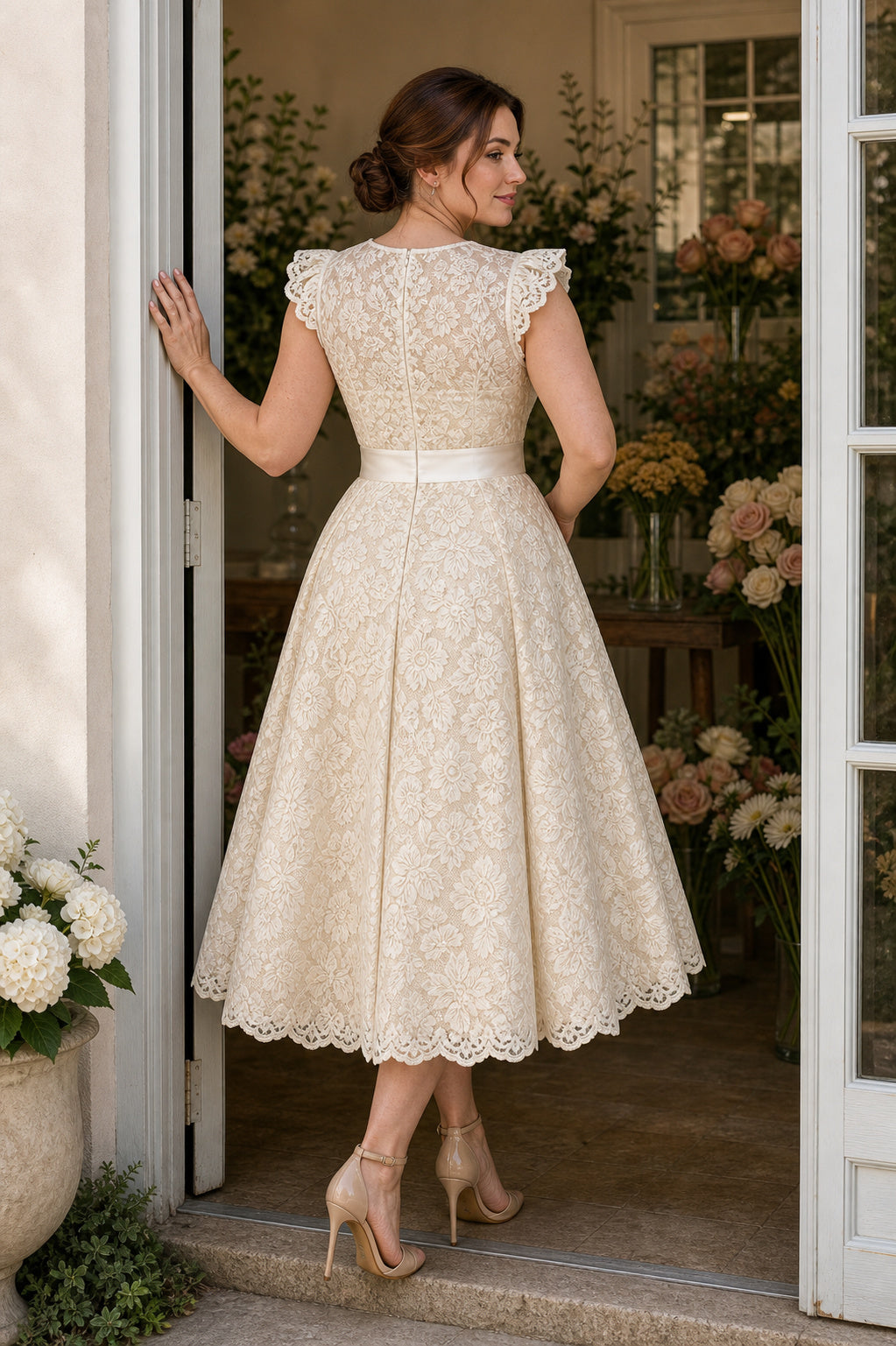 Ivory Cap Sleeve A-Line Lace Tea-Length Dress With Scalloped Hem