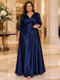 Dark Navy Plus Size V Neck Satin Wrap Long Sleeve Floor Length Formal Dress front view