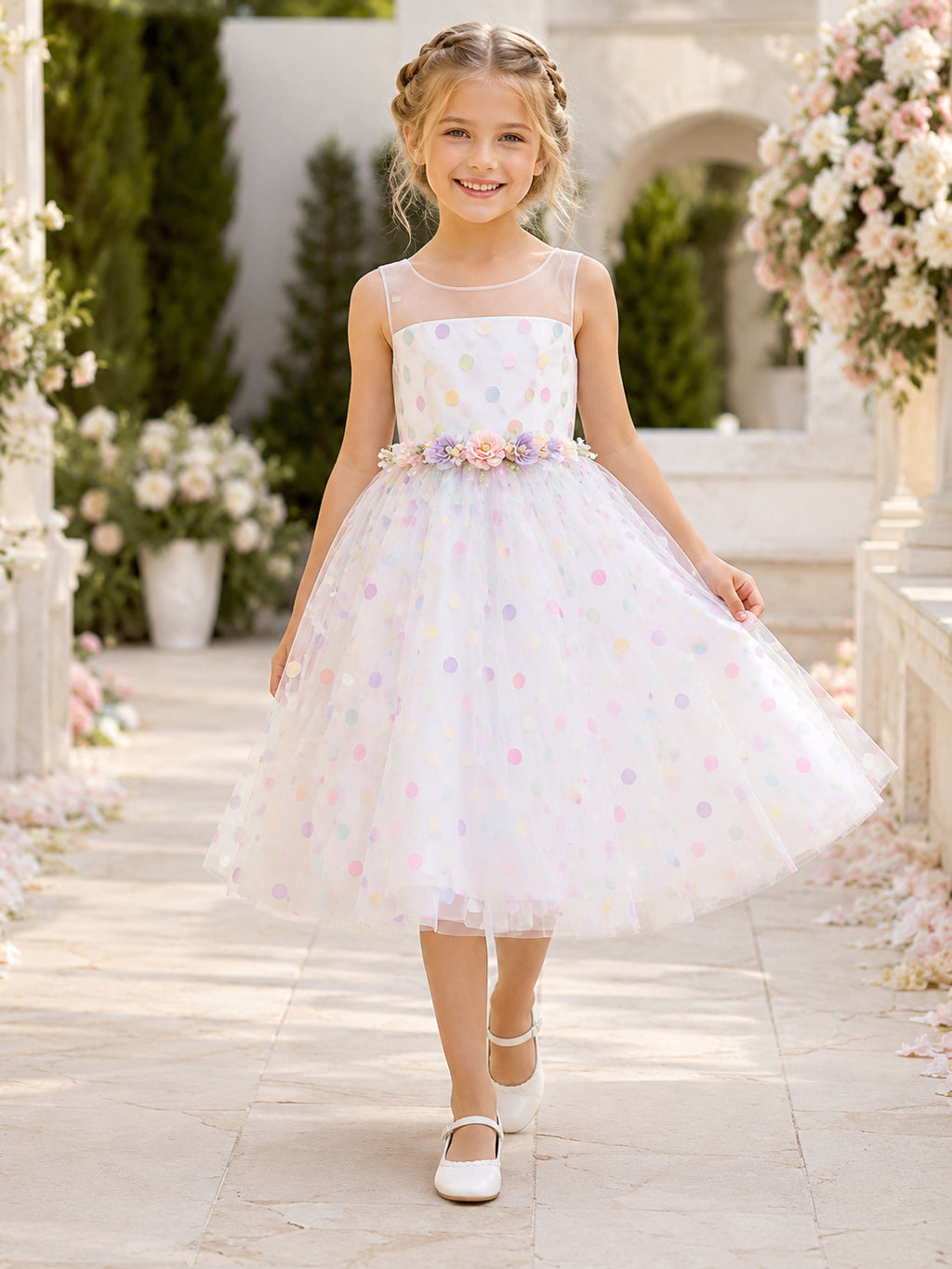 Ivory Polka Dot A-Line Tulle Flower Girl Dress, Sleeveless Square Neck, Floral Waist, Tea-Length Garden front view