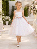Ivory Polka Dot A-Line Tulle Flower Girl Dress, Sleeveless Square Neck, Floral Waist, Tea-Length Garden front view