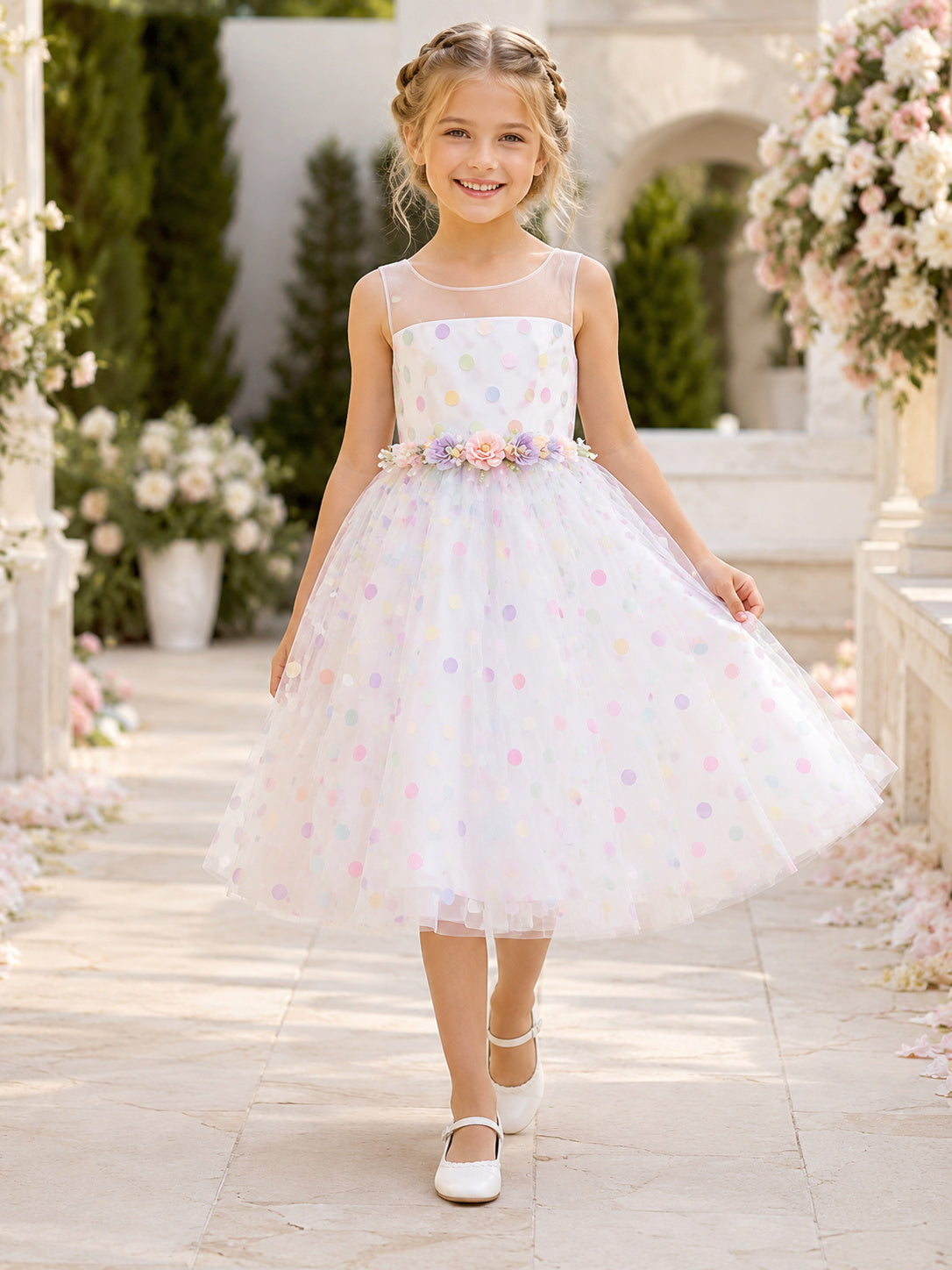 Ivory Polka Dot A-Line Tulle Flower Girl Dress, Sleeveless Square Neck, Floral Waist, Tea-Length Garden front view
