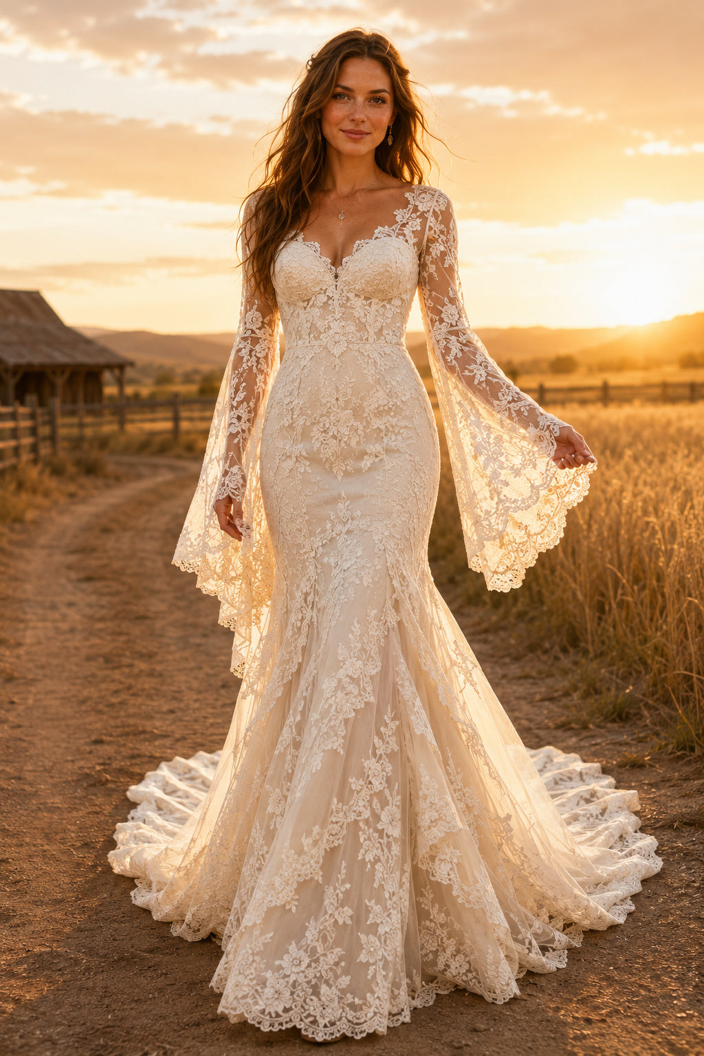 Off the Shoulder Mermaid Wedding Dress with Lace Bell Sleeves and Scalloped Train front view