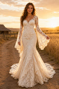Off the Shoulder Mermaid Wedding Dress with Lace Bell Sleeves and Scalloped Train front view