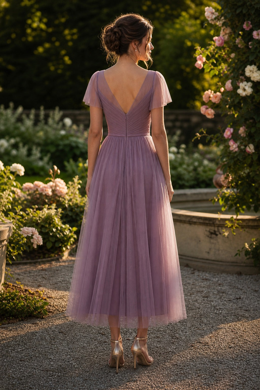 Mauve V-Neck Tea-Length Tulle A-Line Dress