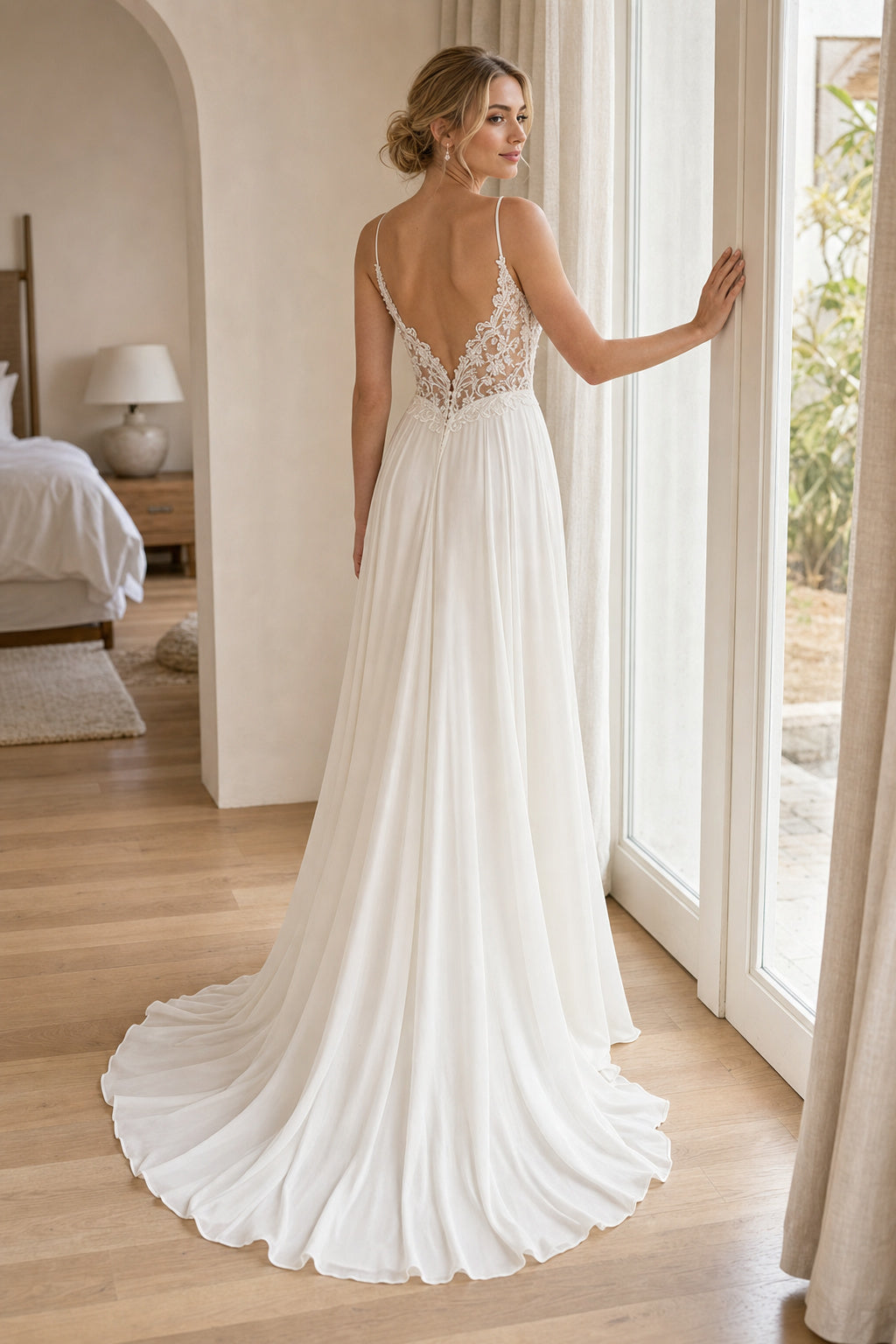 White Scoop Three-Quarter Sleeves Ball Gown Tulle Floor-length Wedding Dress With Open Back and Lace Bodice and Open Back