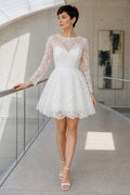 White Illusion Long Sleeve A-Line Lace Short Dress With Scalloped Hem