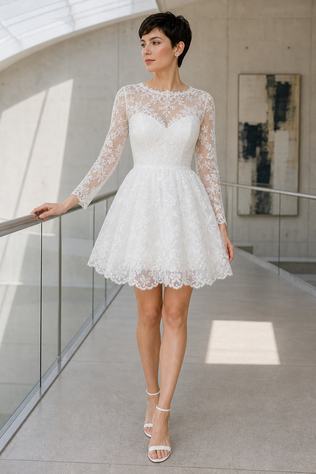 White Illusion Long Sleeve A-Line Lace Short Dress With Scalloped Hem