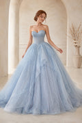 Sky Blue Strapless Tulle Ball Gown with Full Skirt and Soft Sweep Train Floor Length And Sweep/Brush Train Ball Gown Prom Dre