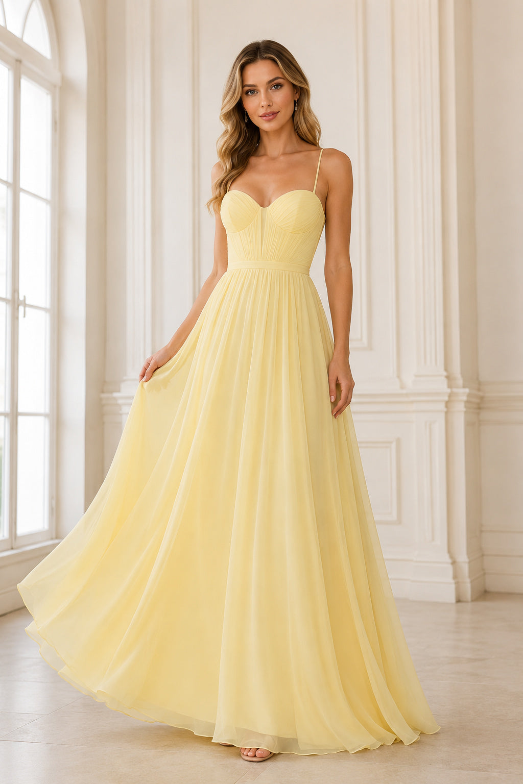 Evening Gown Daffodil Tulle A-Line Sweetheart Sleeveless Floor Length front view