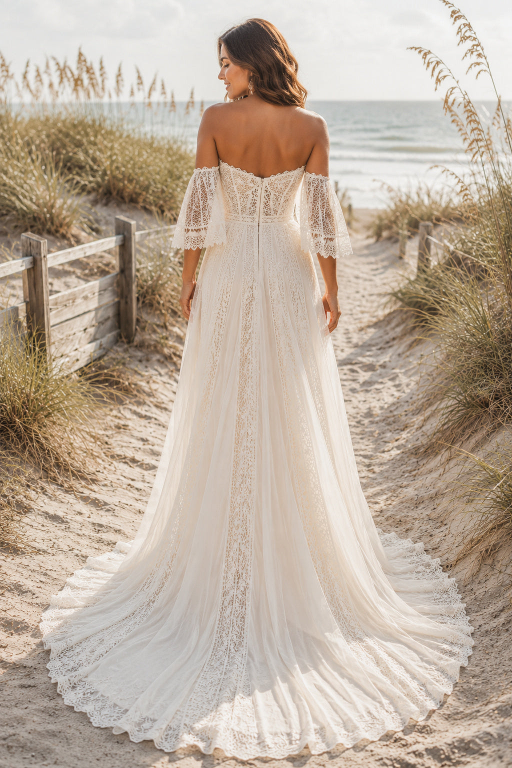Ivory Off Shoulder Lace Half Sleeve A-Line Wedding Dress Split Train for Bridal Ceremony and Reception back view